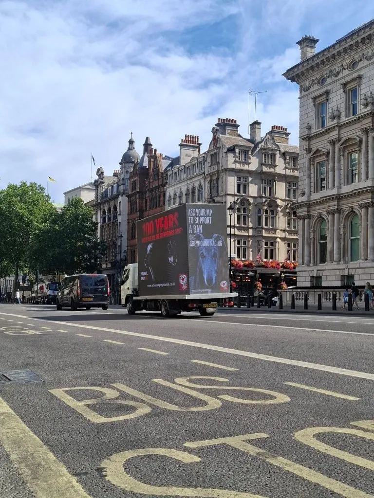 Action for Greyhounds digital ad van in Westminster