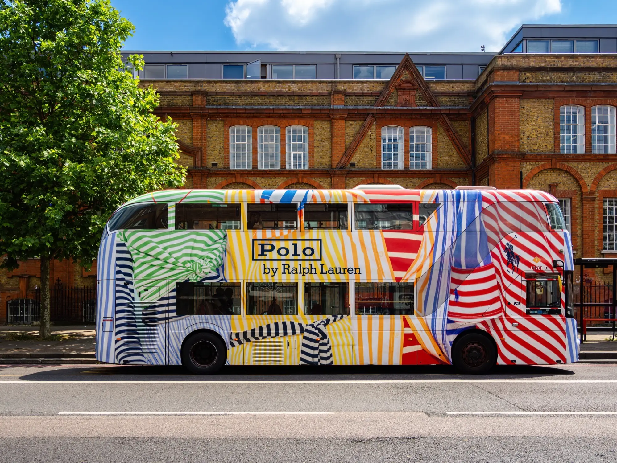 Double-decker bus with a full Polo by Ralph Lauren advertising wrap
